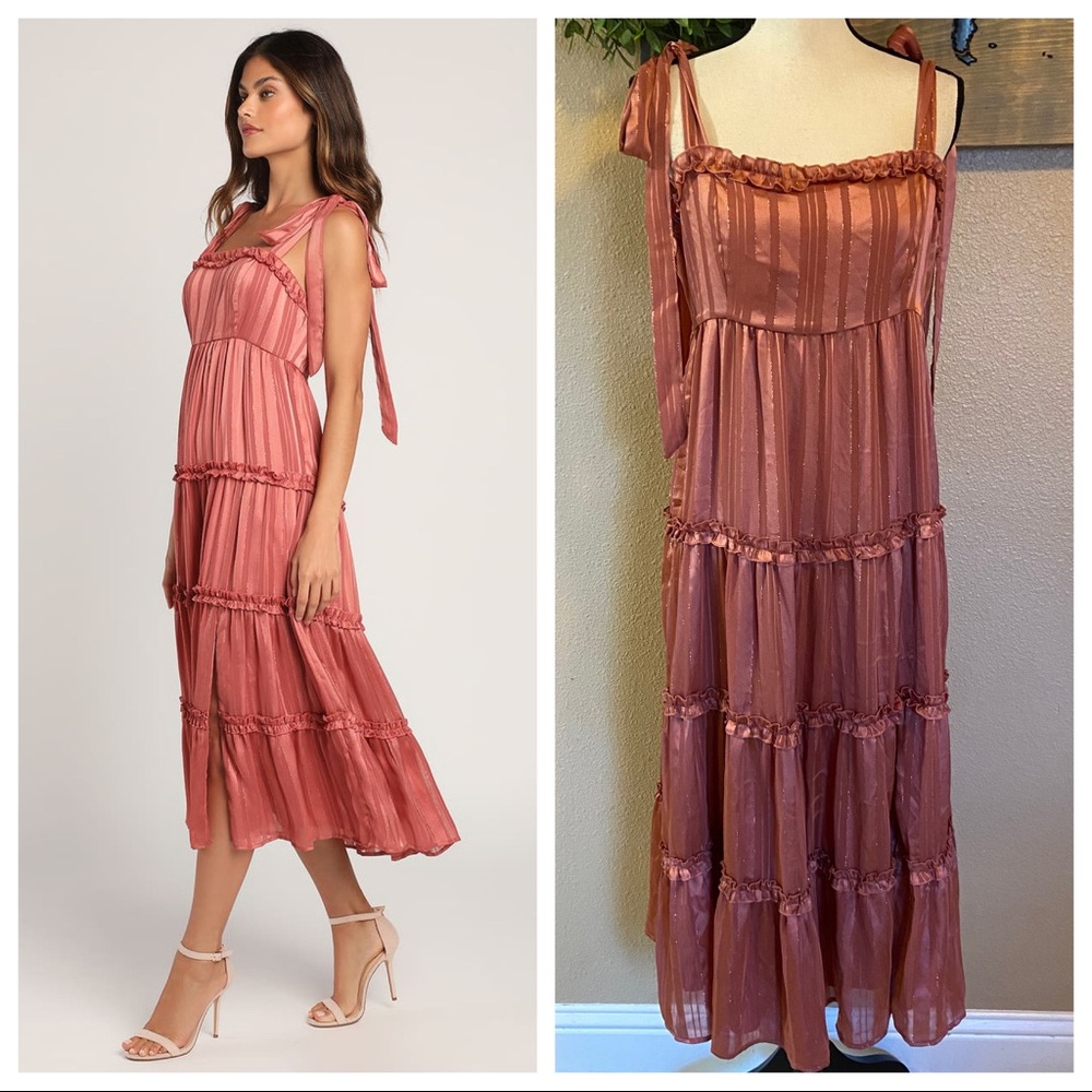 NWOT Lulus Day for Romance Mauve Tie-Strap Tiered Midi Dress
